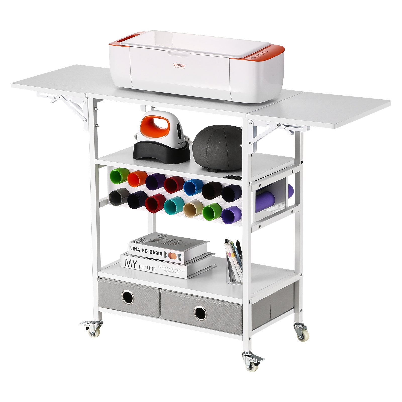 VEVOR Rolling Craft Cart and Storage Table, Compatible with Cricut Machines, Collapsible Cricut Table with Foldable Sides, Craft Rolling Storage Organizer with 14 Vinyl Roll Holders and 2 Drawers