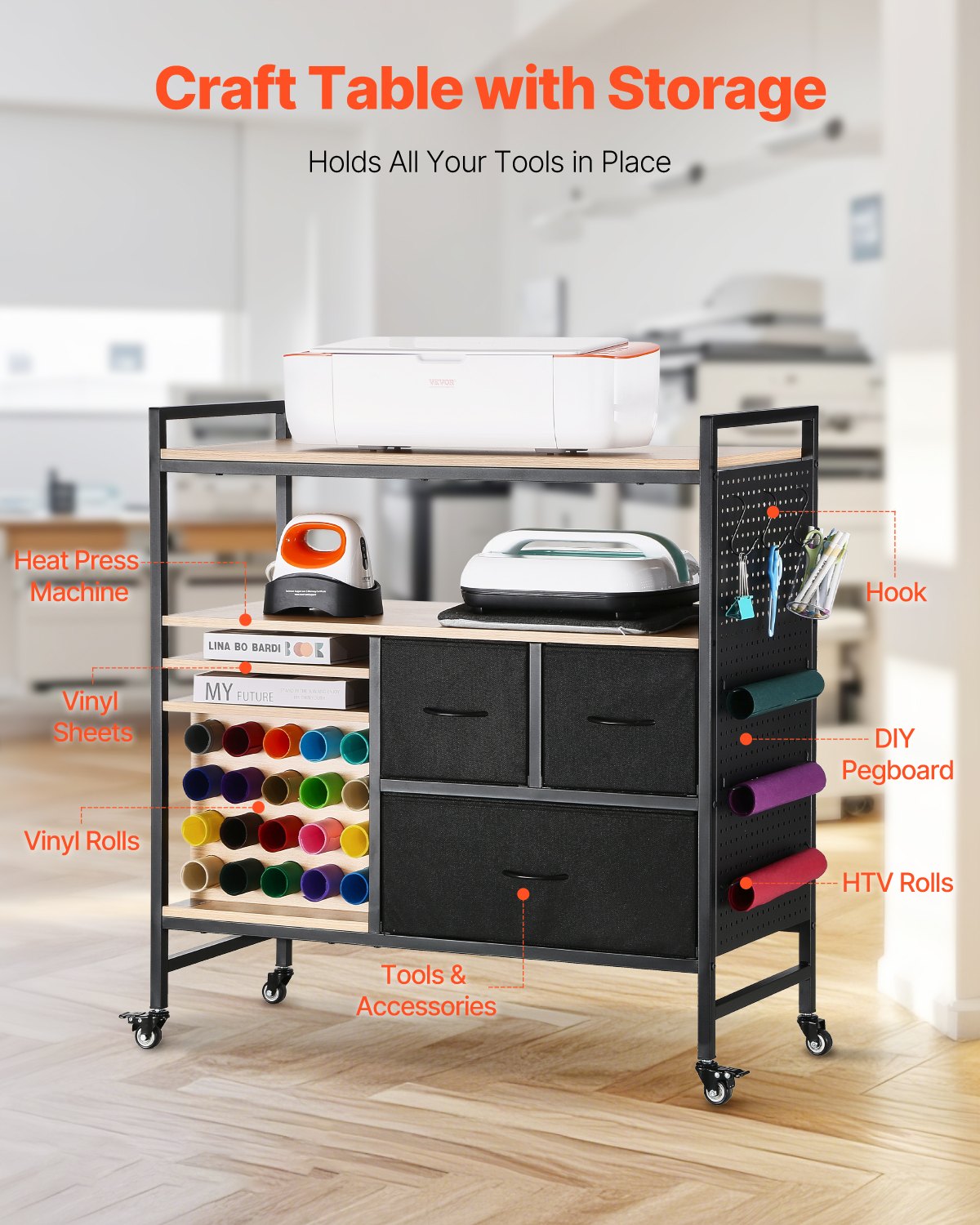 VEVOR Rolling Craft Cart and Storage Table, Compatible with Cricut Machines, Crafting Table Organization Workstation, Craft Rolling Storage Organizer with 20 Vinyl Roll Holders and 3 Drawers, Black