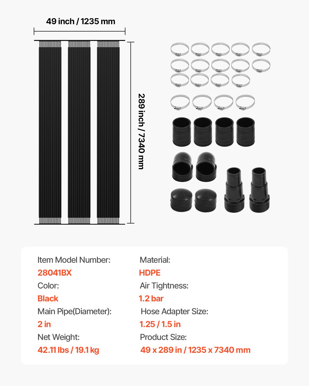 VEVOR Solar Collector Pool Heater, 1235x7340 mm HDPE zwembadverwarmingssysteem, met complete accessoires, zonnepaneel voor zwembaden, verhoogt de watertemperatuur, voor bovengrondse en ingegraven zwembaden