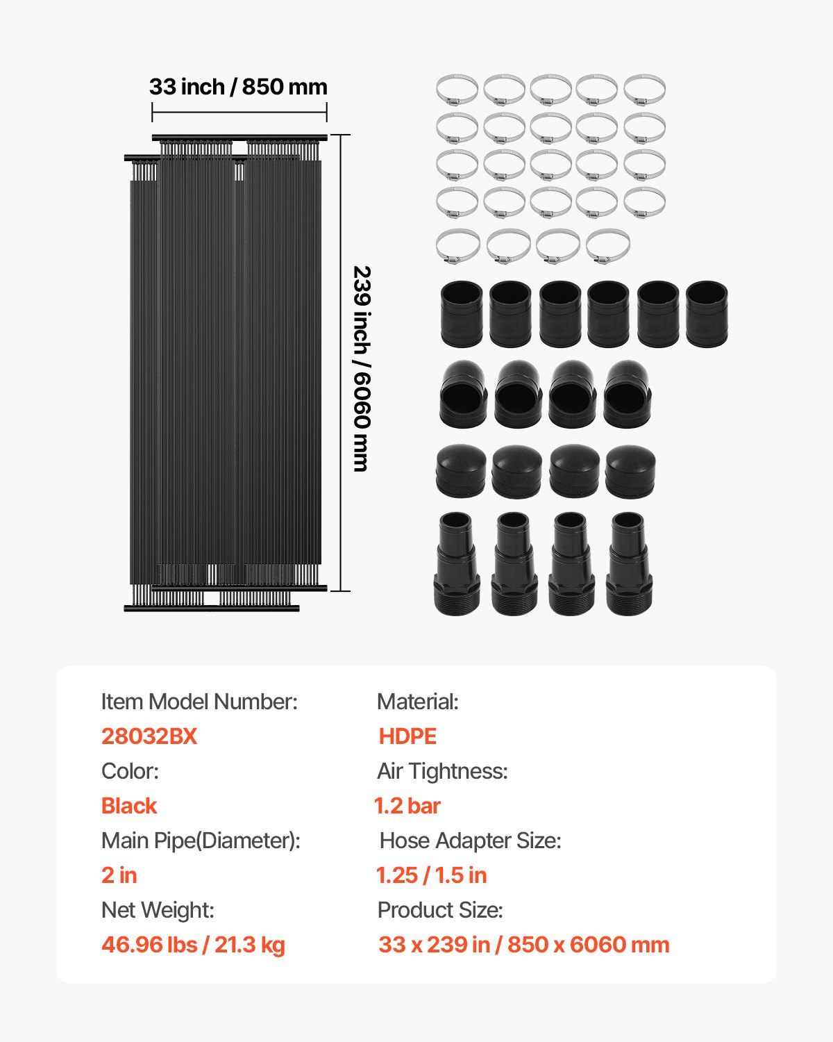 VEVOR Solar Pool Heater, 2,75 x 20 ft HDPE Solar Pool Panel (2 Pack) - Duurzaam en weerbestendig, met complete accessoires, Universeel Solar Pool Panel - Verhoogt de watertemperatuur, voor bovengrondse en ingegraven zwembaden