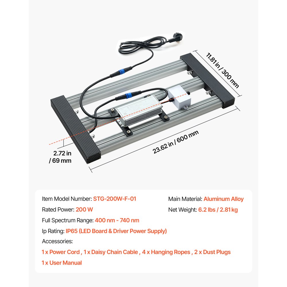 VEVOR LED-plantenlamp, dimbaar, 200 W, volledig spectrum 400-740 nm, 3000 K - 6500 K, voor kweektenten (60 x 60 cm) met traploze dimming, seriekoppeling voor maximaal 60 lampen, lichtbalken van aluminiumlegering.