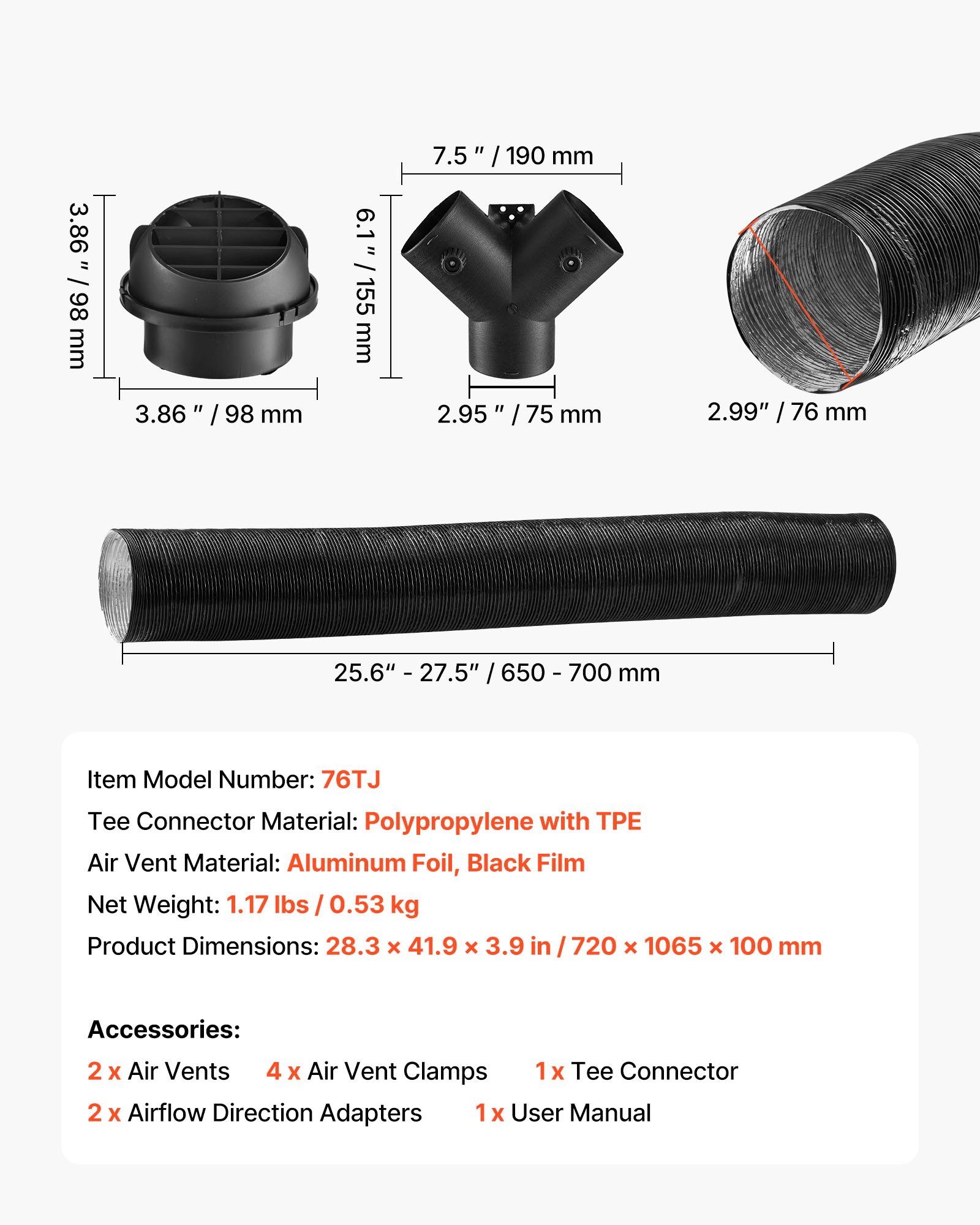 VEVOR Diesel Heater Pipe Warme Lucht Uitlaat Ontluchtingsset met Y-vormige Connector & Luchtkanaalklemmen, Standkachel Luchtkanaal Ontluchtingsset voor 5 kW 8 kW Diesel Heaters Zwart