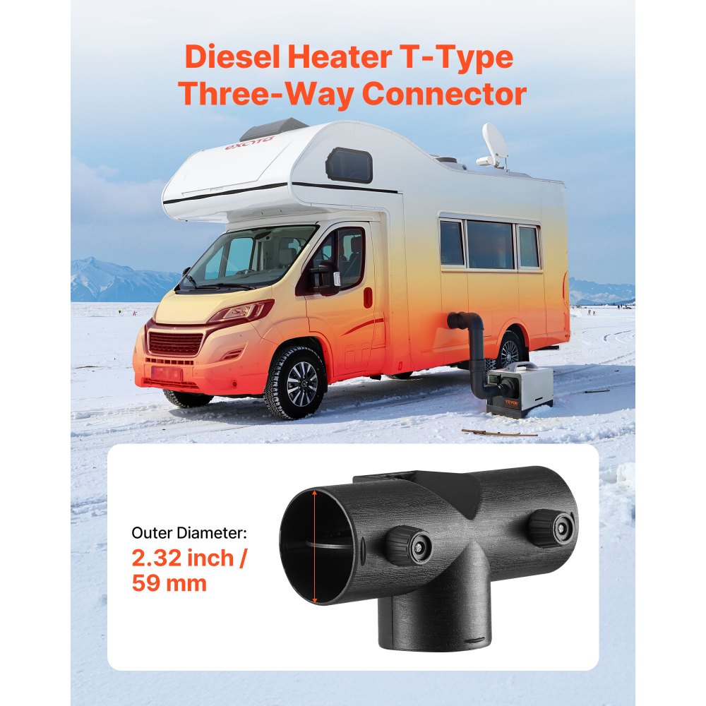 VEVOR Dieselverwarmingsconnector (59 mm) Aansluitaccessoires voor dieselverwarmingskanalen, T-vormige 3-weg ontluchtingsconnectoren met 2 90° draaibare kleppen, aansluitfittingen voor 2 kW dieselverwarmingsapparaten