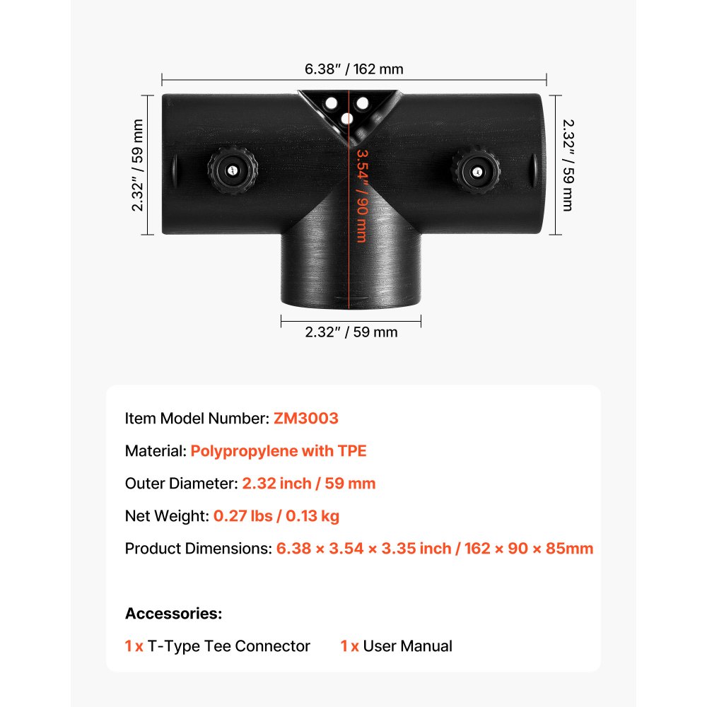 VEVOR Dieselverwarmingsconnector (59 mm) Aansluitaccessoires voor dieselverwarmingskanalen, T-vormige 3-weg ontluchtingsconnectoren met 2 90° draaibare kleppen, aansluitfittingen voor 2 kW dieselverwarmingsapparaten