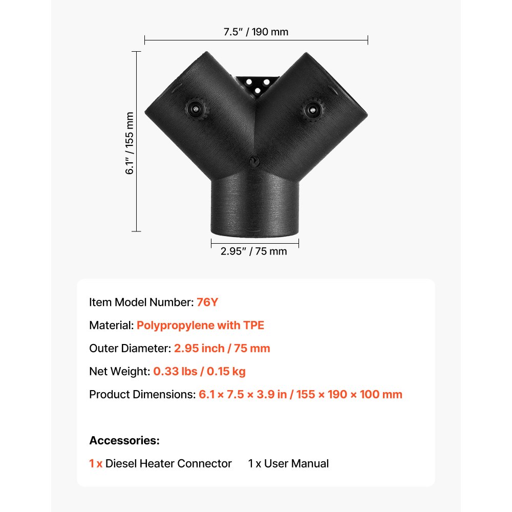 VEVOR Dieselverwarmingsconnector (75 mm) Aansluitaccessoire voor dieselverwarmingskanalen, Y-vormige 3-weg ontluchtingsconnectoren met 2 90° draaibare kleppen, aansluitpoort voor 2/5/8 kW dieselverwarming