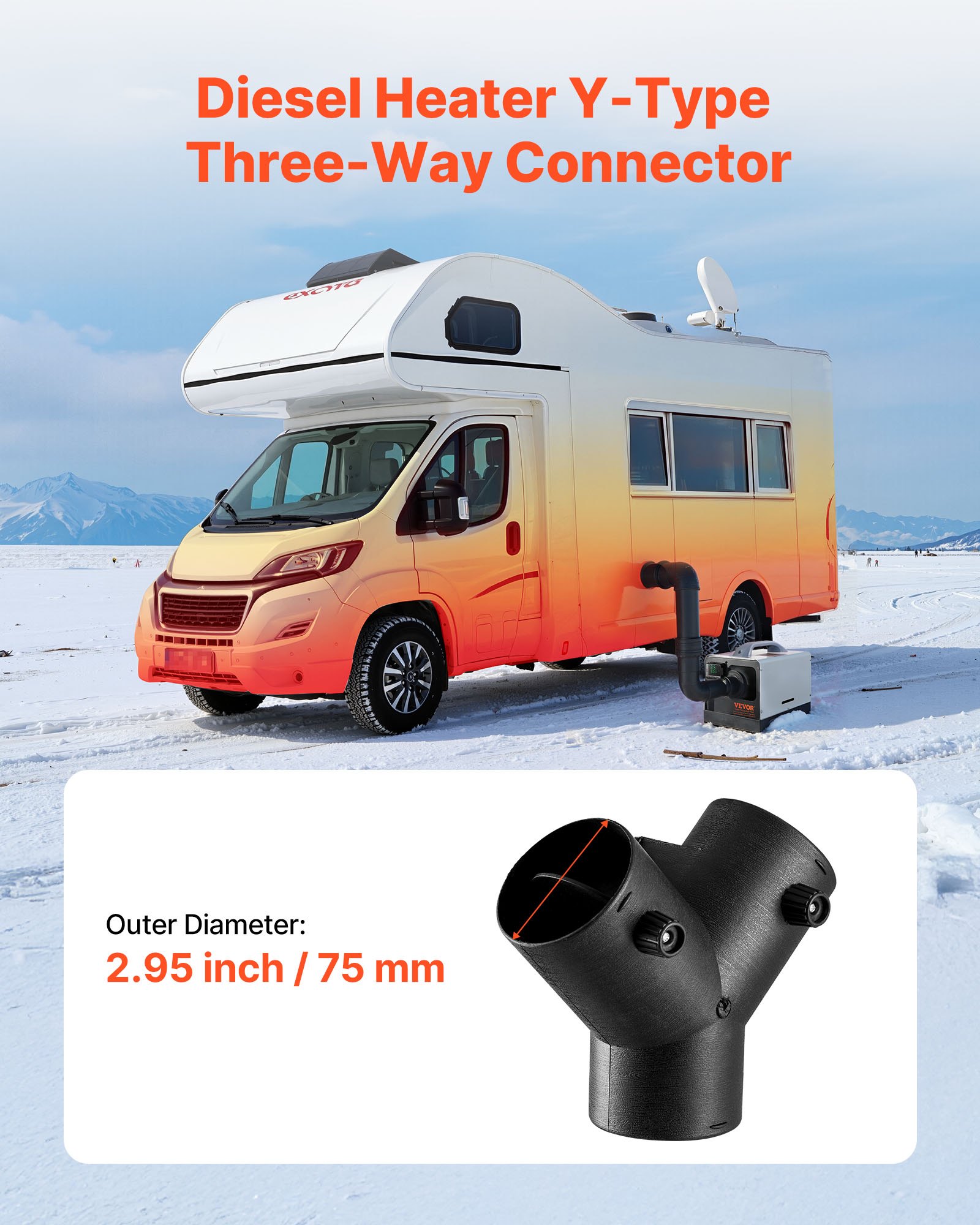 VEVOR Dieselverwarmingsconnector (75 mm) Aansluitaccessoire voor dieselverwarmingskanalen, Y-vormige 3-weg ontluchtingsconnectoren met 2 90° draaibare kleppen, aansluitpoort voor 2/5/8 kW dieselverwarming