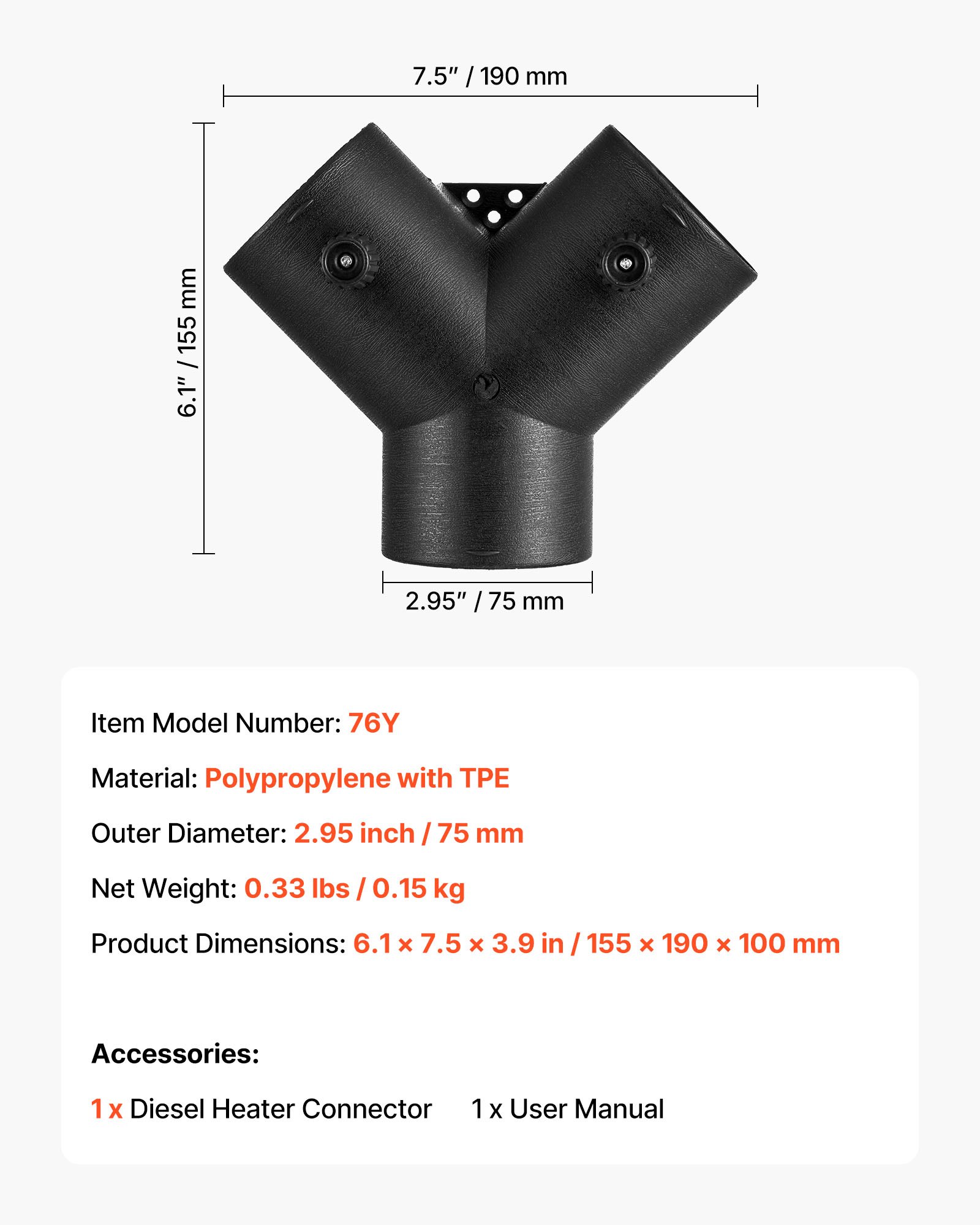 VEVOR Dieselverwarmingsconnector (75 mm) Aansluitaccessoire voor dieselverwarmingskanalen, Y-vormige 3-weg ontluchtingsconnectoren met 2 90° draaibare kleppen, aansluitpoort voor 2/5/8 kW dieselverwarming