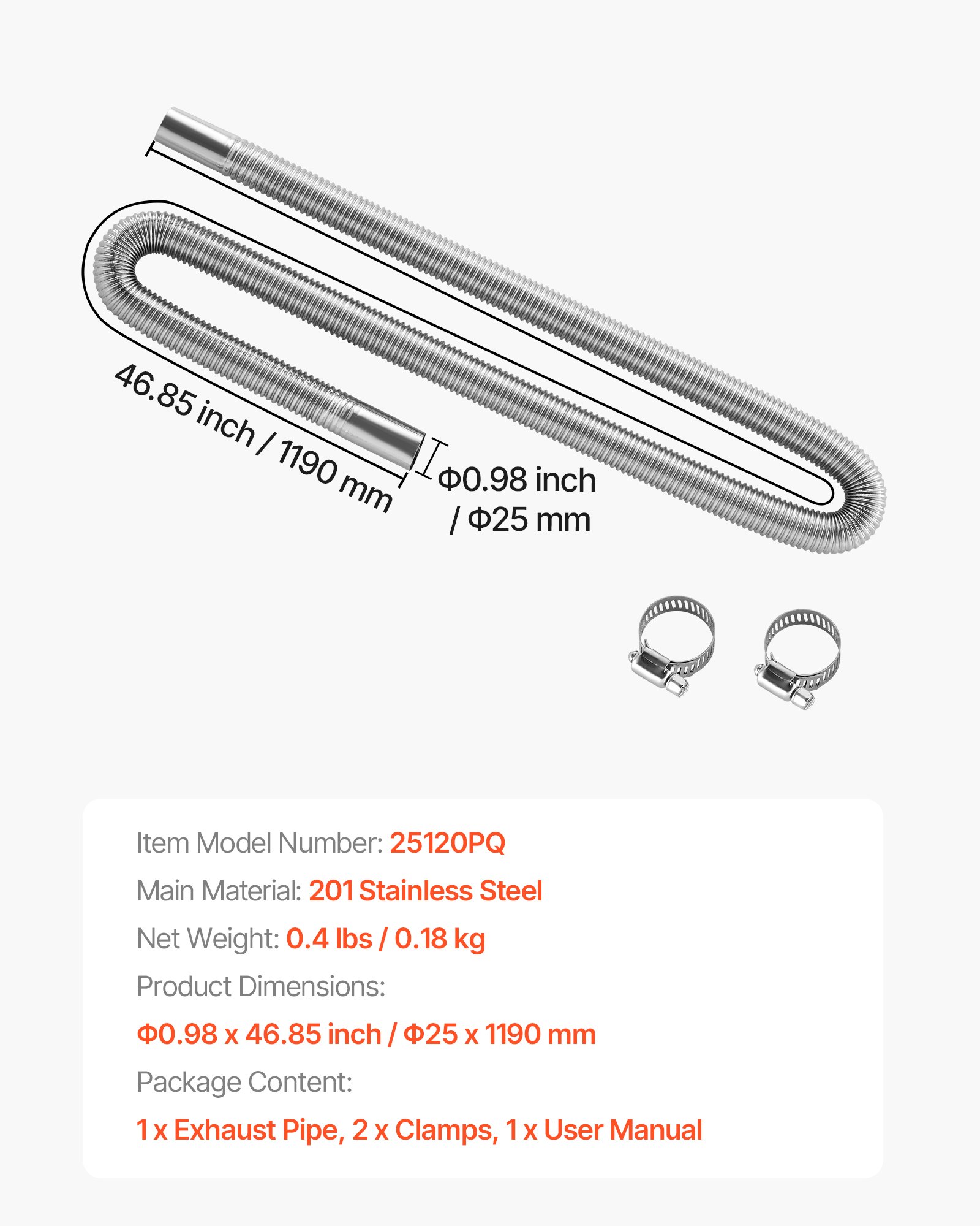 VEVOR uitlaatpijp parkeerkachel flexibele uitlaatslang 119 cm voor auto dieselkachel met 2 klemmen, roestvrijstalen uitlaatpijp met Φ 25 mm doorsnede voor 2 kW / 5 kW / 8 kW dieselkachels luchtverwarmers