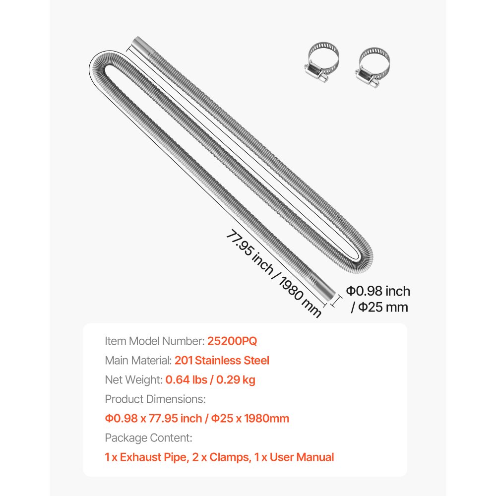 VEVOR Exhaust Hose, 77.95 inch Stainless Steel Exhausts Hose, Diesel Heater Flexible Exhaust Pipe with 2 Hose Clamps, Exhausts Hoses Kit Diesel Heater Accessories for 2KW 5KW 8KW Diesels Heaters