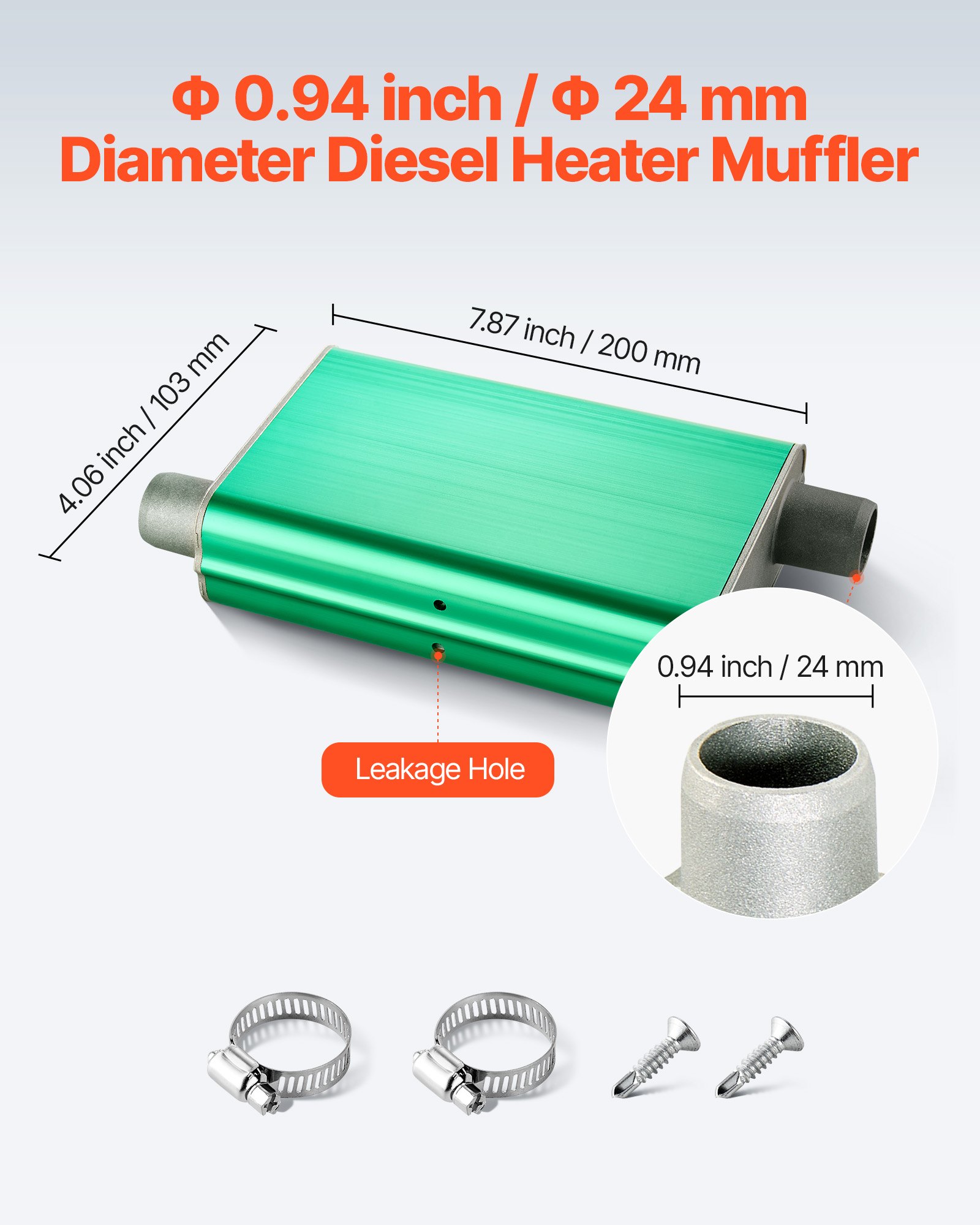 VEVOR Diesel Heater Muffler, 0.94 inch Diesel Heater Muffler Upgrade, Parking Heaters Mufflers Fit with 2 Clamps and Screws, Aluminum Alloy Parking Heaters Noise Reducer for 2KW 5KW 8KW Heaters