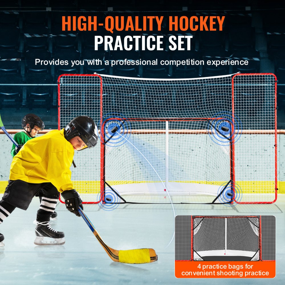 VEVOR Hockeydoel Streethockeynet met achterstop en doelen, Streethockeydoel Hockeynet, 310 x 183 cm Pro Hockey Trainingsdoelenset, Draagbaar Indoor Outdoor Hockeydoel met net, Wit/Rood, Training