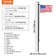 VEVOR 20FT Detachable Flagpole Kit Heavy Duty Aluminum Flag Pole Black