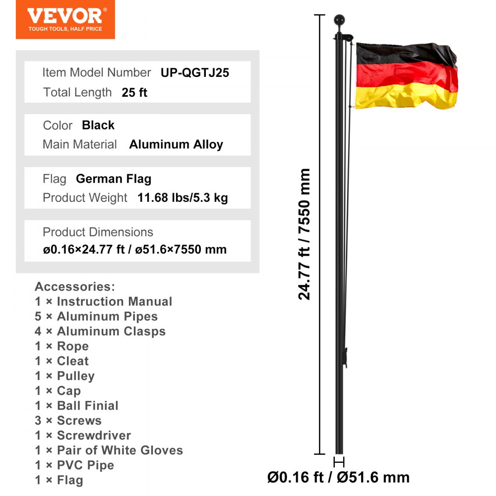 VEVOR 25FT Detachable Flagpole Kit, Heavy Duty Aluminum Alloy Flag Pole Kit in Ground for Outdoor, 3 Display Modes Flagpole with Professional Accessories, German Flag, Black