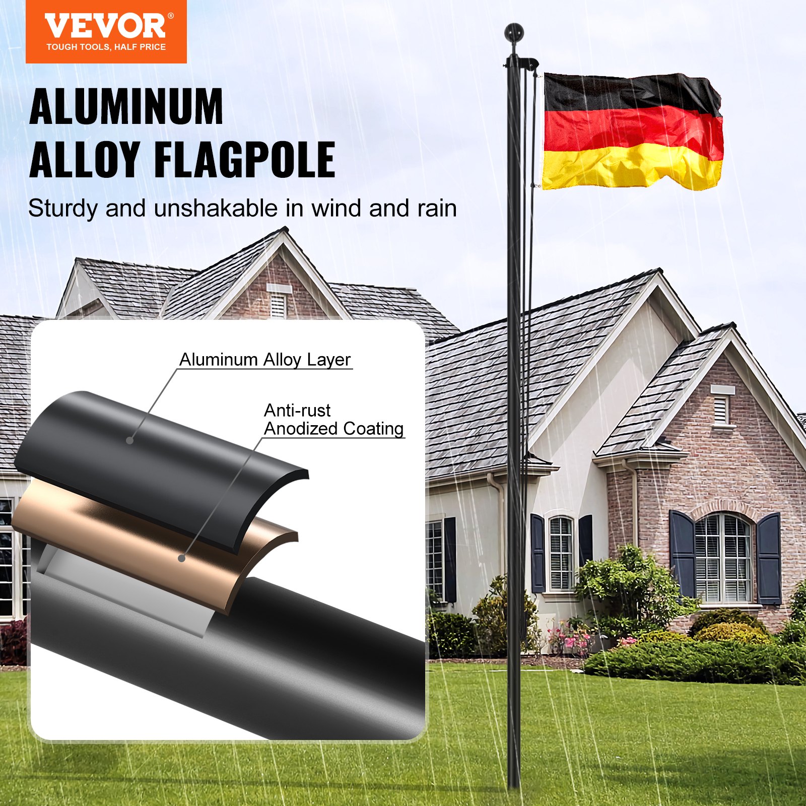 VEVOR 30FT Detachable Flagpole Kit, Heavy Duty Aluminum Alloy Flag Pole Kit in Ground for Outdoor, 3 Display Modes Flagpole with Professional Accessories, German Flag, Black
