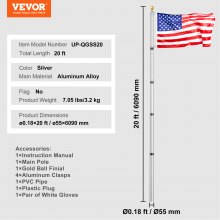 VEVOR 20FT Telescopic Flagpole Kit Heavy Duty Aluminum Flag Pole Silver