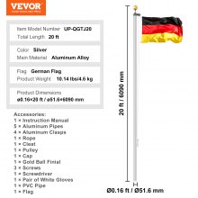 VEVOR 20FT Detachable Flagpole Kit Heavy Duty Aluminum Flag Pole German Silver