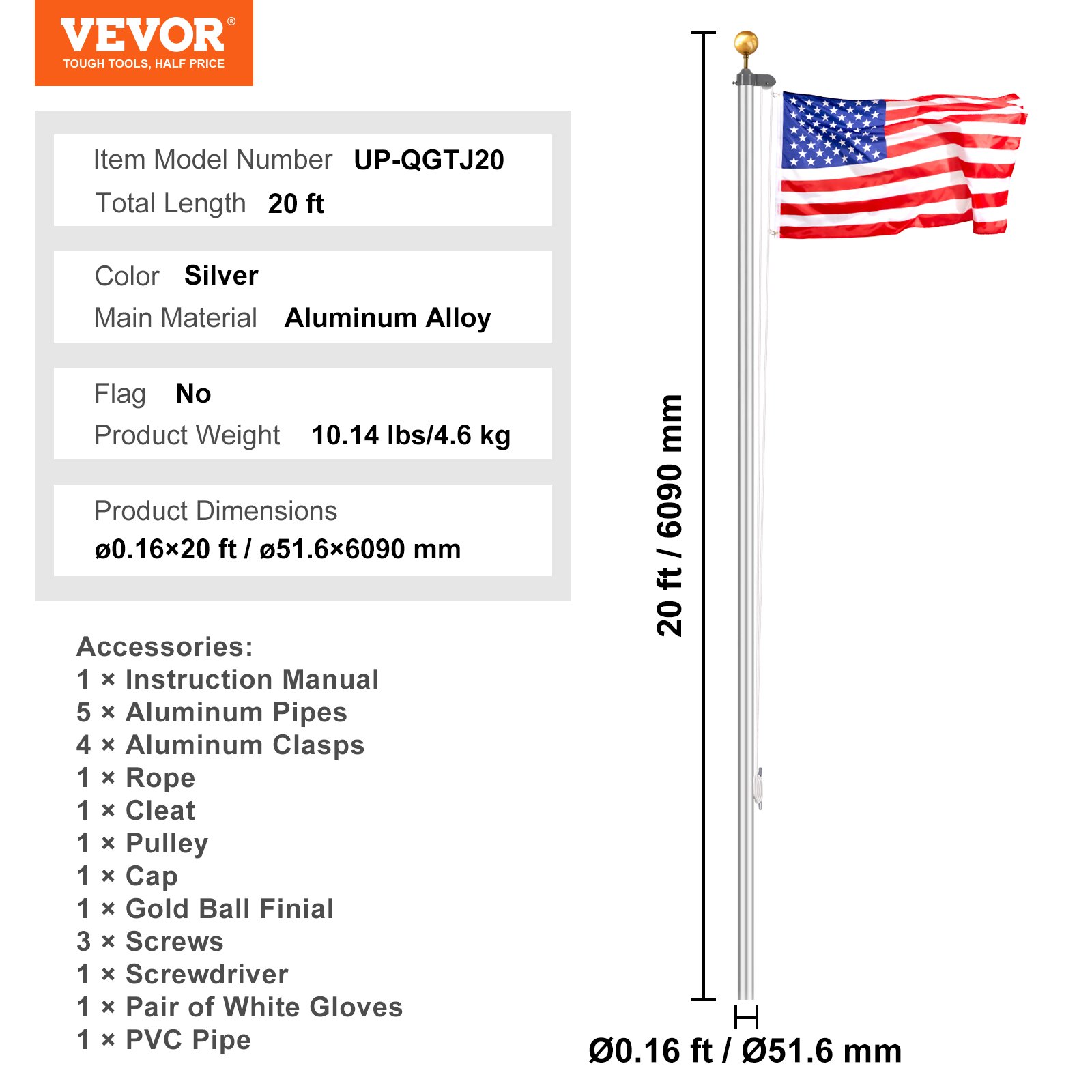 VEVOR 20FT Detachable Flagpole Kit, Heavy Duty Aluminum Alloy Flag Pole Kit in Ground for Outdoor, 3 Display Modes Flagpole with Professional Accessories, Silver