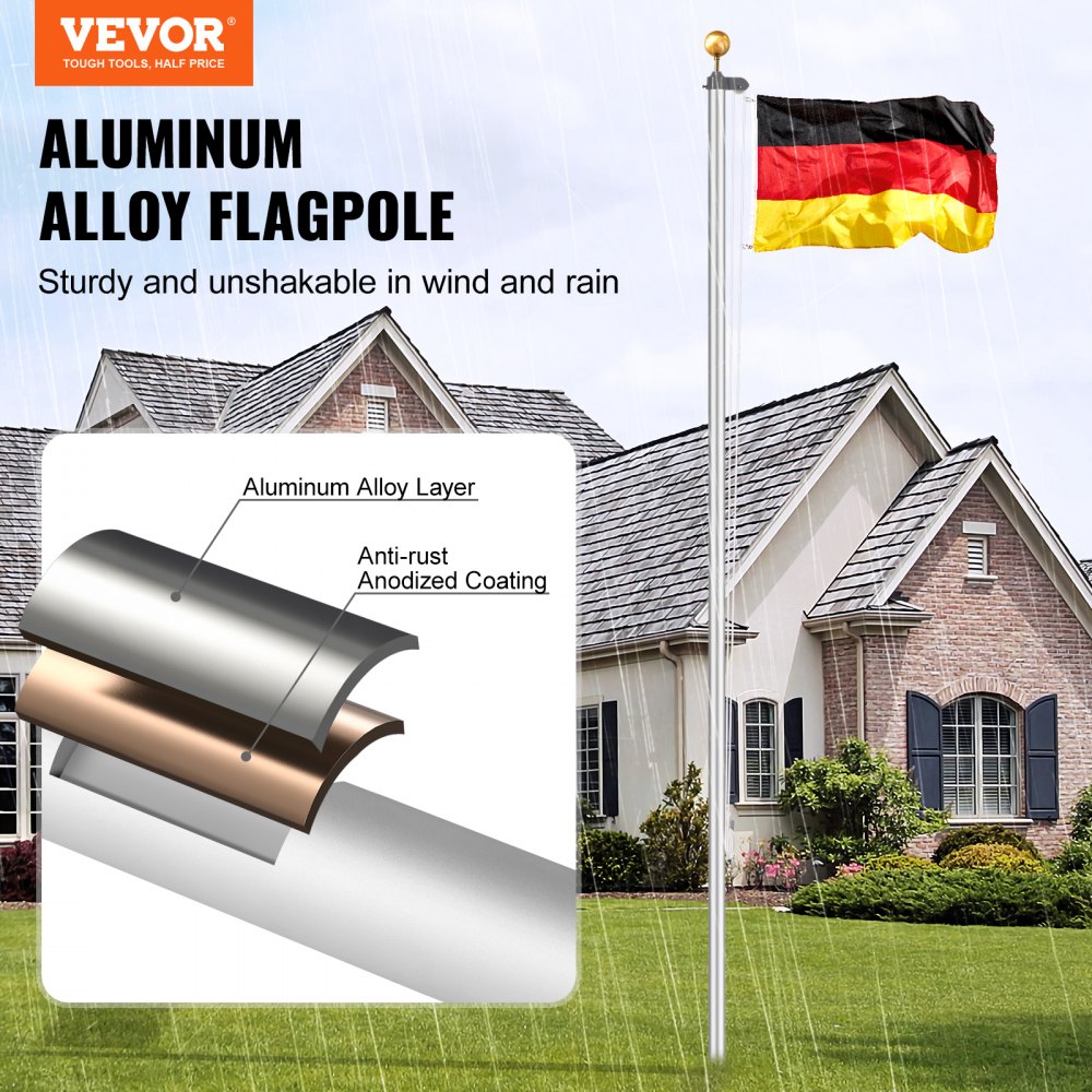 VEVOR 25FT Detachable Flagpole Kit, Heavy Duty Aluminum Alloy Flag Pole Kit in Ground for Outdoor, 3 Display Modes Flagpole with Professional Accessories, German Flag, Silver