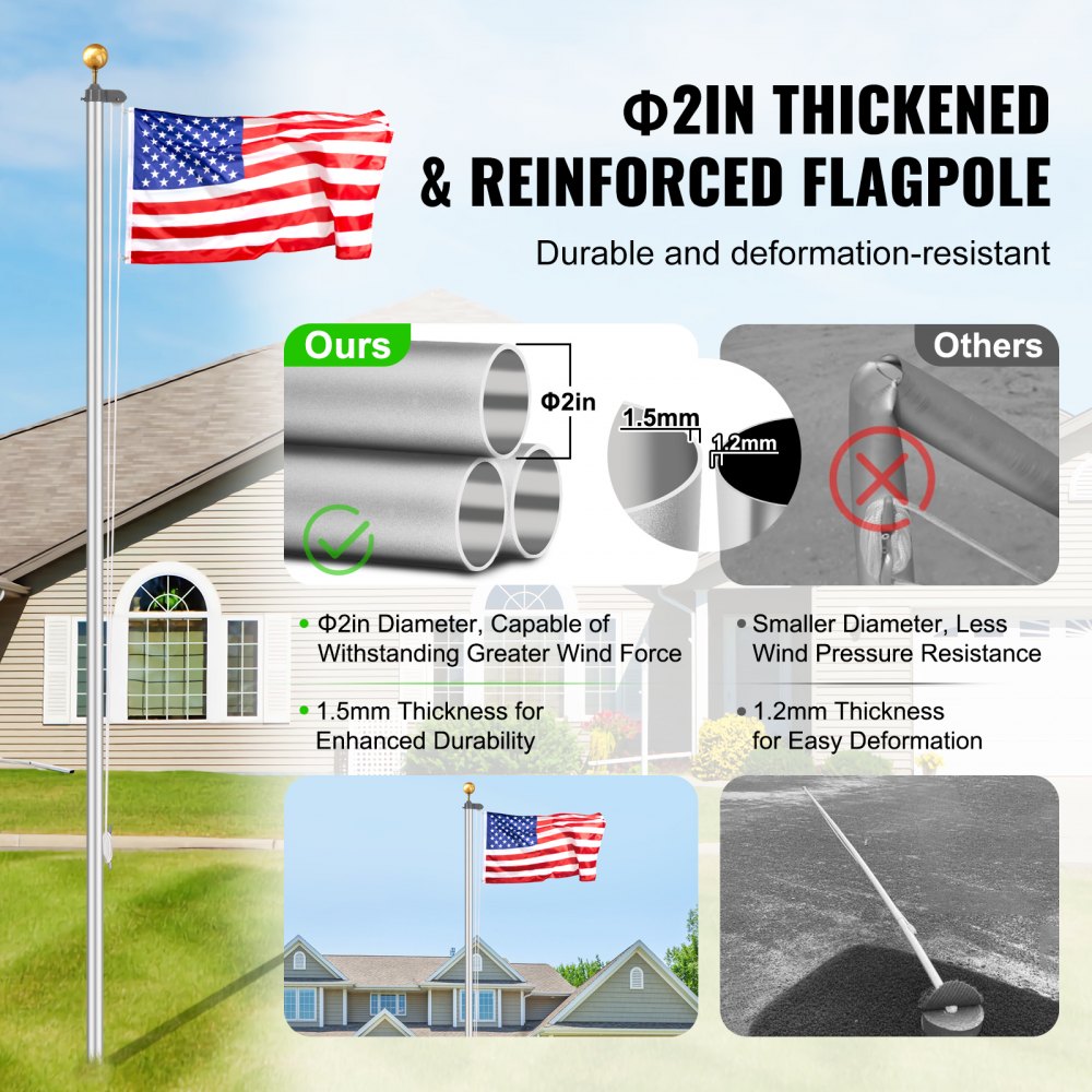 VEVOR 25FT Detachable Flagpole Kit, Heavy Duty Aluminum Alloy Flag Pole Kit in Ground for Outdoor, 3 Display Modes Flagpole with Professional Accessories, Silver