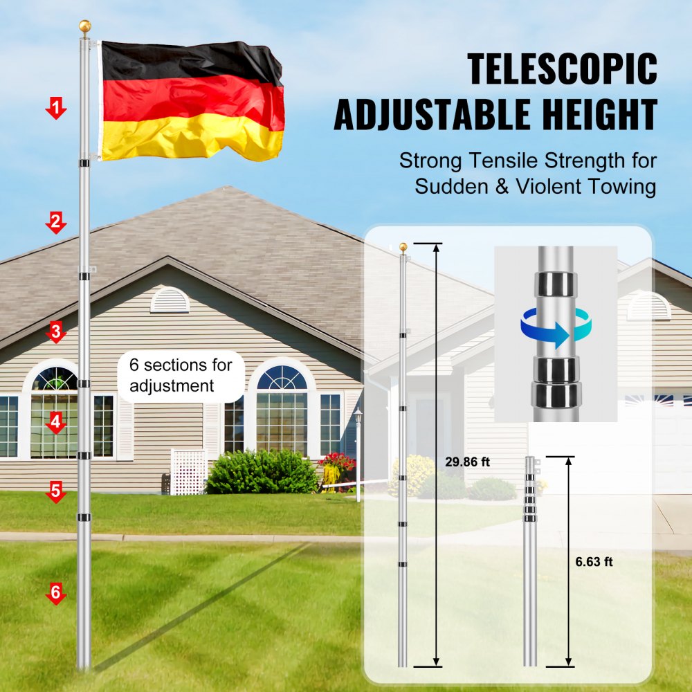 VEVOR 30FT Telescopic Flagpole Kit, Heavy Duty Aluminum Alloy Flag Pole Kit in Ground for Outside, 3 Display Modes Flagpole with Professional Accessories, German Flag, Silver
