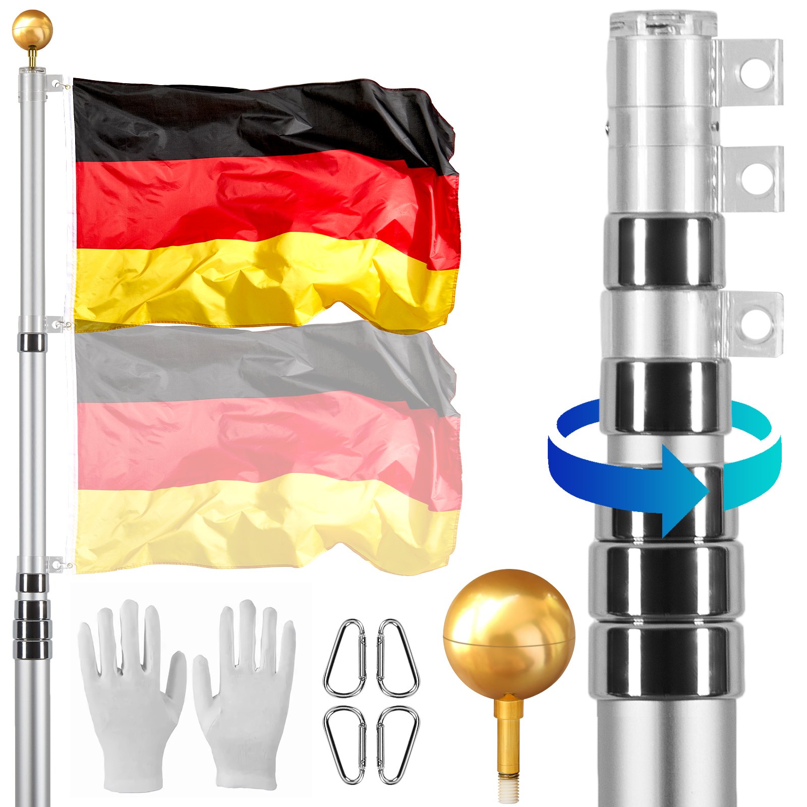 VEVOR 30FT Telescopic Flagpole Kit, Heavy Duty Aluminum Alloy Flag Pole Kit in Ground for Outside, 3 Display Modes Flagpole with Professional Accessories, German Flag, Silver