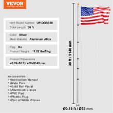 VEVOR 30FT Telescopic Flagpole Kit Heavy Duty Aluminum Flag Pole Silver