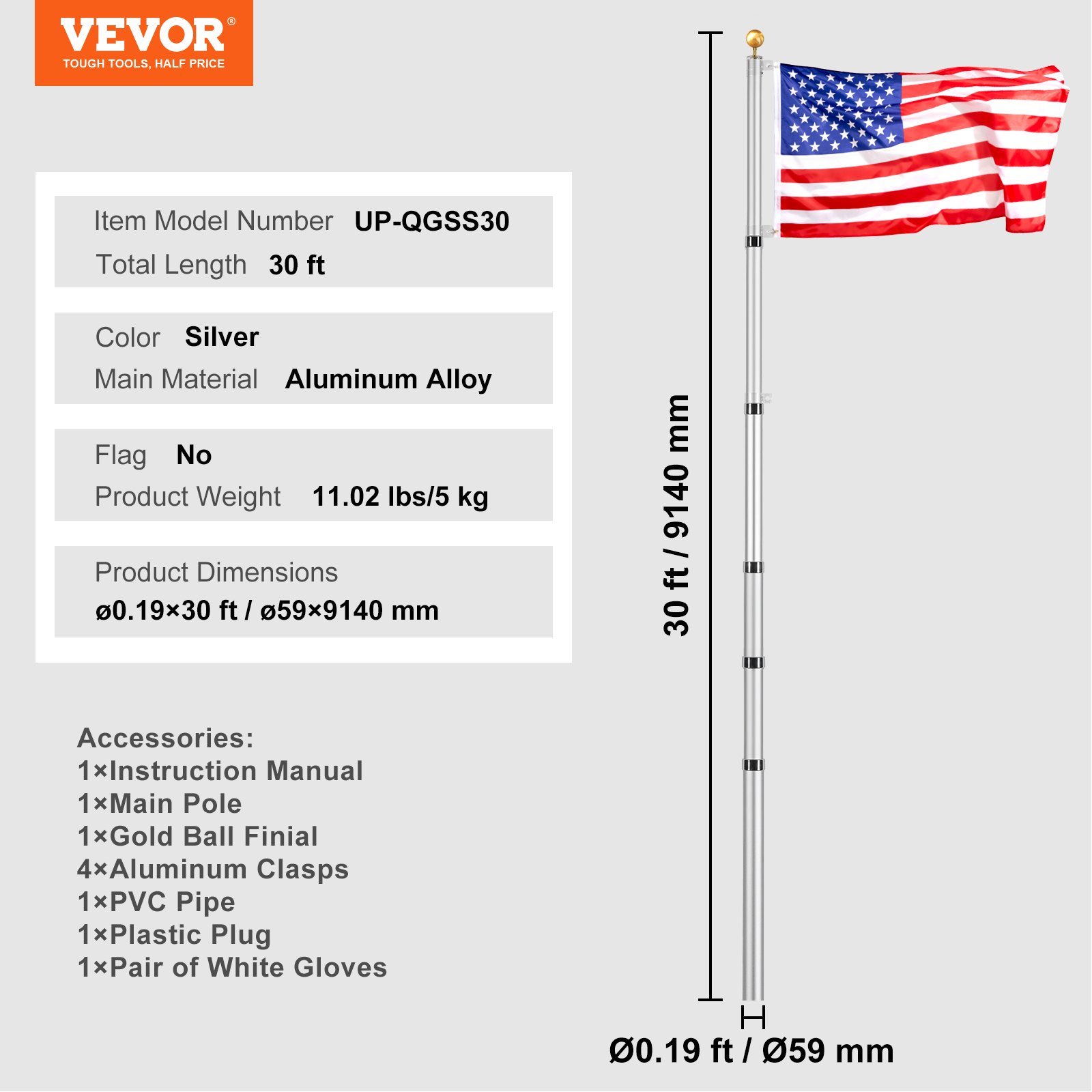 VEVOR 30FT Telescopic Flagpole Kit, Heavy Duty Aluminum Alloy Flag Pole Kit in Ground for Outside, 3 Display Modes Flagpole with Professional Accessories, Silver