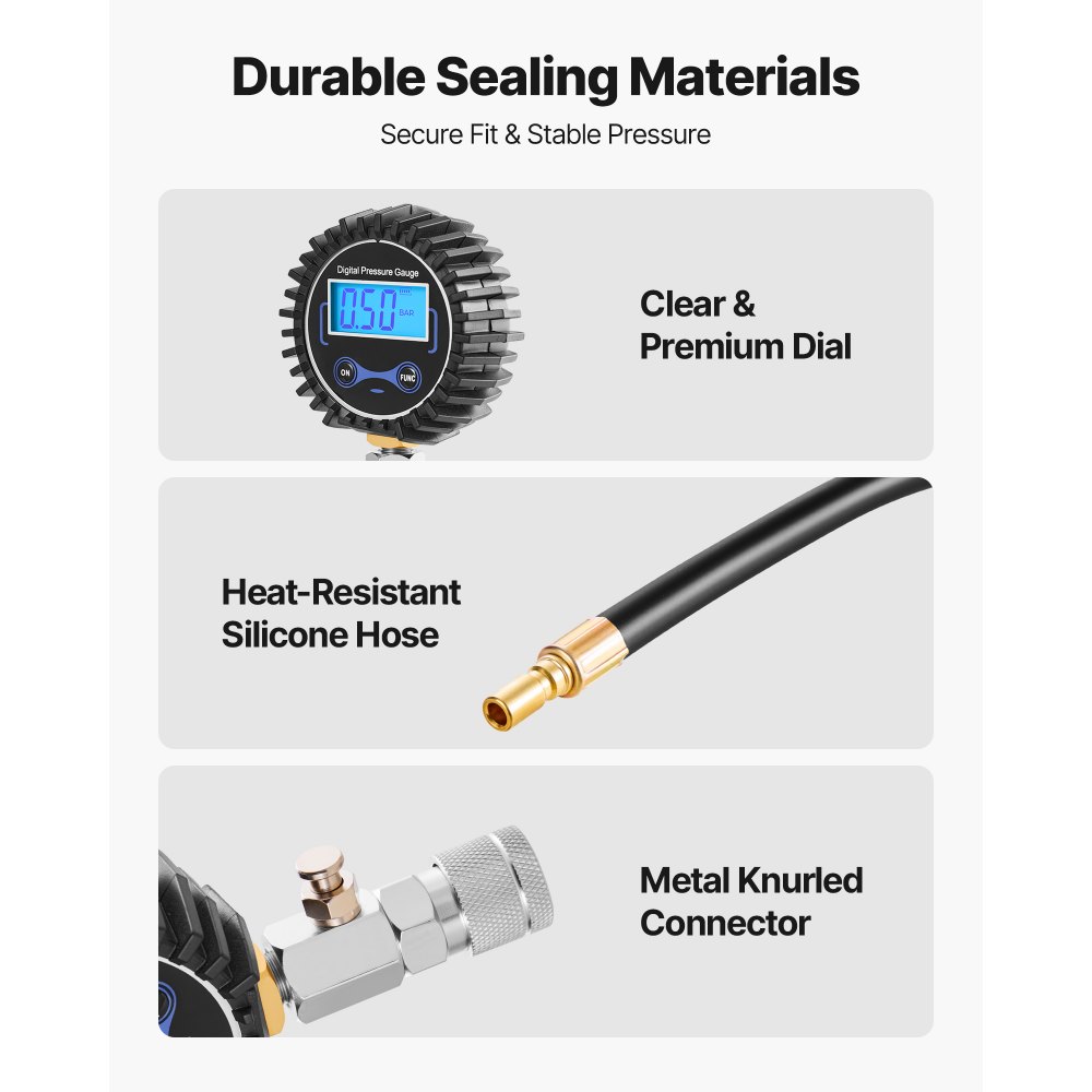 VEVOR drukverliesmeter voor motorcilinders, manometerbereik 10-200 psi, cilinderdrukmeter met 4 adapters, gebogen verlengbuizen van metaal en draagtas, compressietestset voor auto's