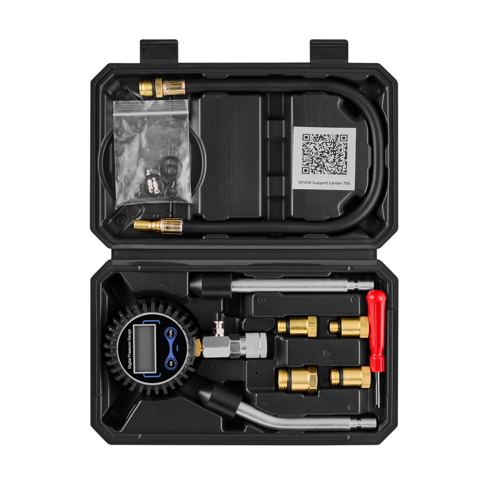 VEVOR drukverliesmeter voor motorcilinders, manometerbereik 10-200 psi, cilinderdrukmeter met 4 adapters, gebogen verlengbuizen van metaal en draagtas, compressietestset voor auto's