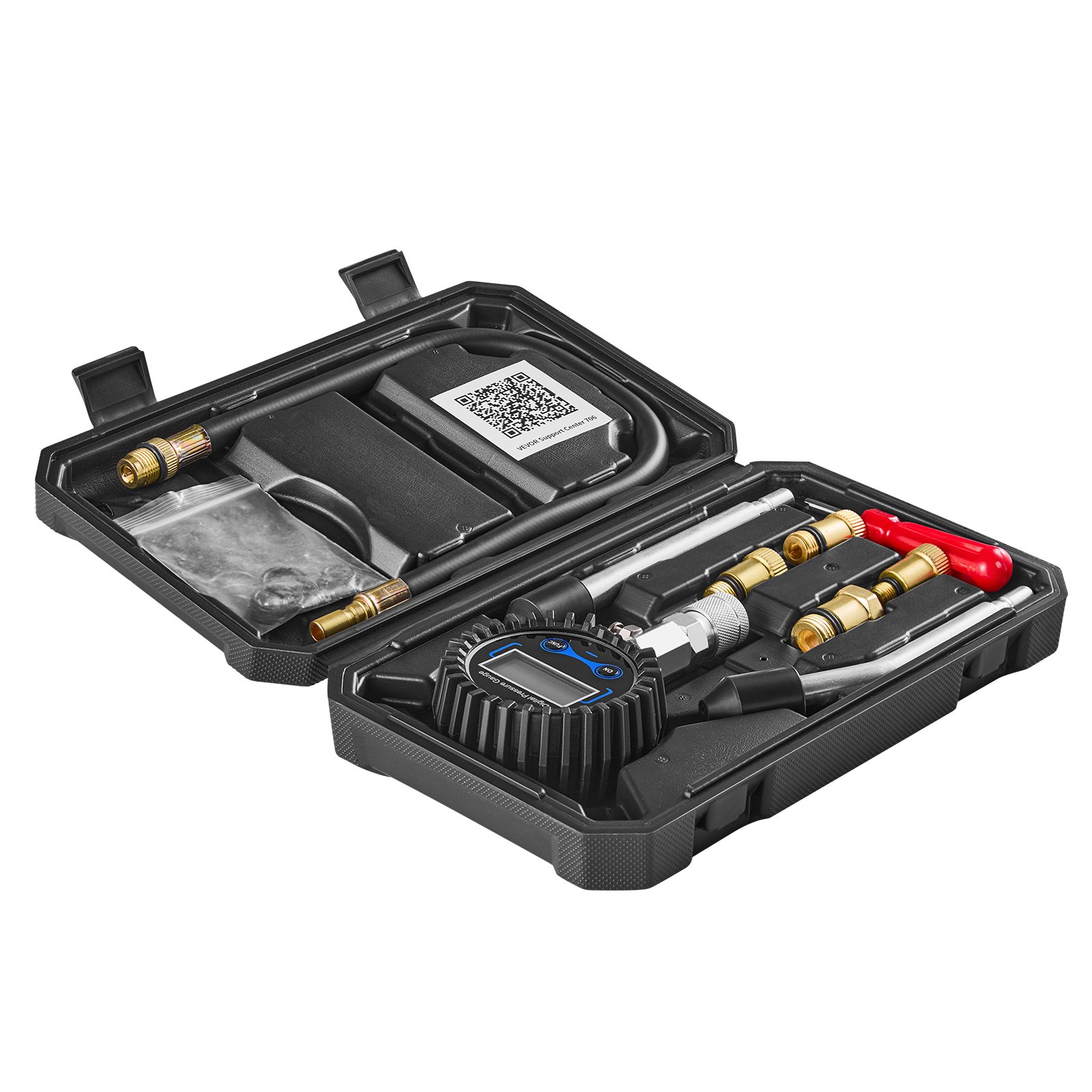 VEVOR drukverliesmeter voor motorcilinders, manometerbereik 10-200 psi, cilinderdrukmeter met 4 adapters, gebogen verlengbuizen van metaal en draagtas, compressietestset voor auto's