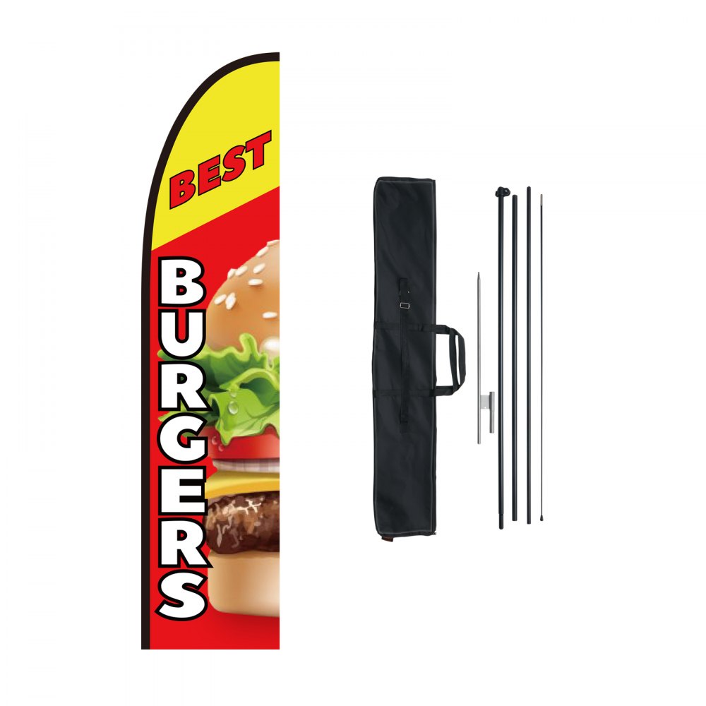 VEVOR burger flag with "best burgers" text, shown with components including carrying bag and poles.