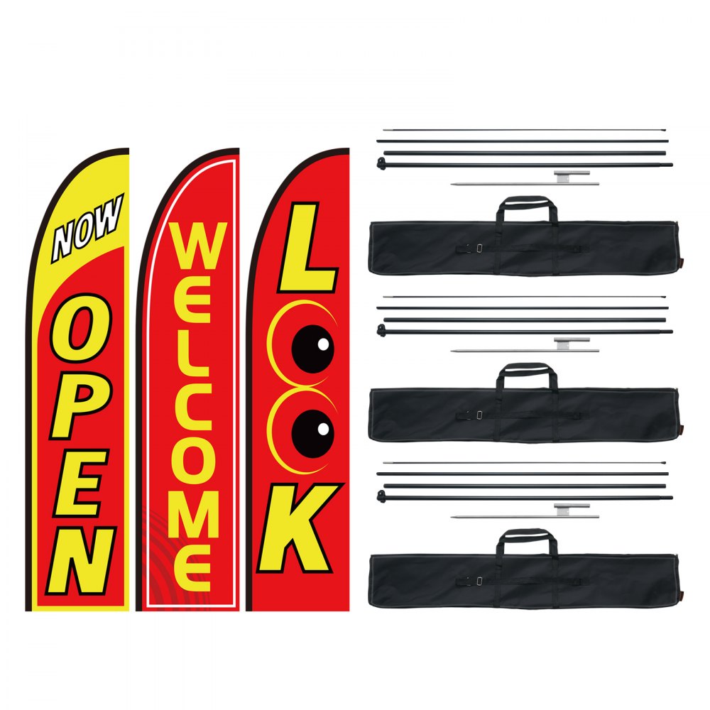 VEVOR open flag kit with three vibrant flags saying "now open," "welcome," and "look," plus flagpoles and carry bags.