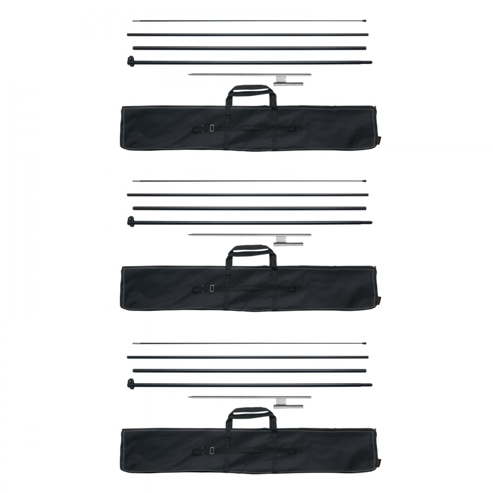 VEVOR feather flag pole kit with carrying bags and metal ground spikes arranged in four sets.