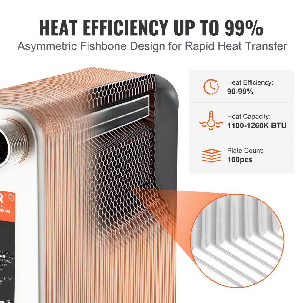 VEVOR warmtewisselaar, 127 x 305 mm 100 platen gesoldeerde platenwarmtewisselaar, koper/316L roestvrij staal water-water warmtewisselaar voor vloerverwarming, warmwaterbereiding, sneeuwsmelten, bierkoeling