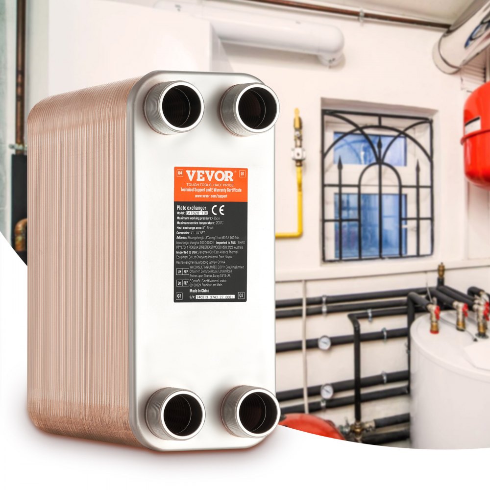 VEVOR warmtewisselaar, 127 x 305 mm 100 platen gesoldeerde platenwarmtewisselaar, koper/316L roestvrij staal water-water warmtewisselaar voor vloerverwarming, warmwaterbereiding, sneeuwsmelten, bierkoeling