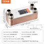 VEVOR heat exchanger with specifications, dimensions, ports, and mounting brackets.