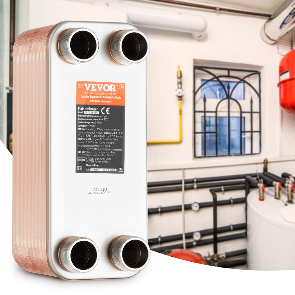 VEVOR warmtewisselaar, 127 x 305 mm, 50 platen, gesoldeerde platenwarmtewisselaar, koper/316L roestvrij staal water-water warmtewisselaar voor vloerverwarming, warmwaterverwarming, sneeuwsmelten, bierkoeling