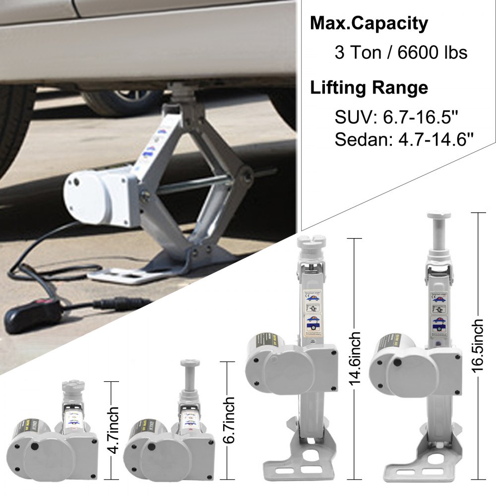 VEVOR Electric Car Jack 3 Ton 12V Floor Jack, All-In-One Electric Scissor Jack, 120-370/170-420MM Lifting Range Scissor Lift Jack, Automatic Car Repair Tool with Inflator Pump, For Sedans And SUV Repa