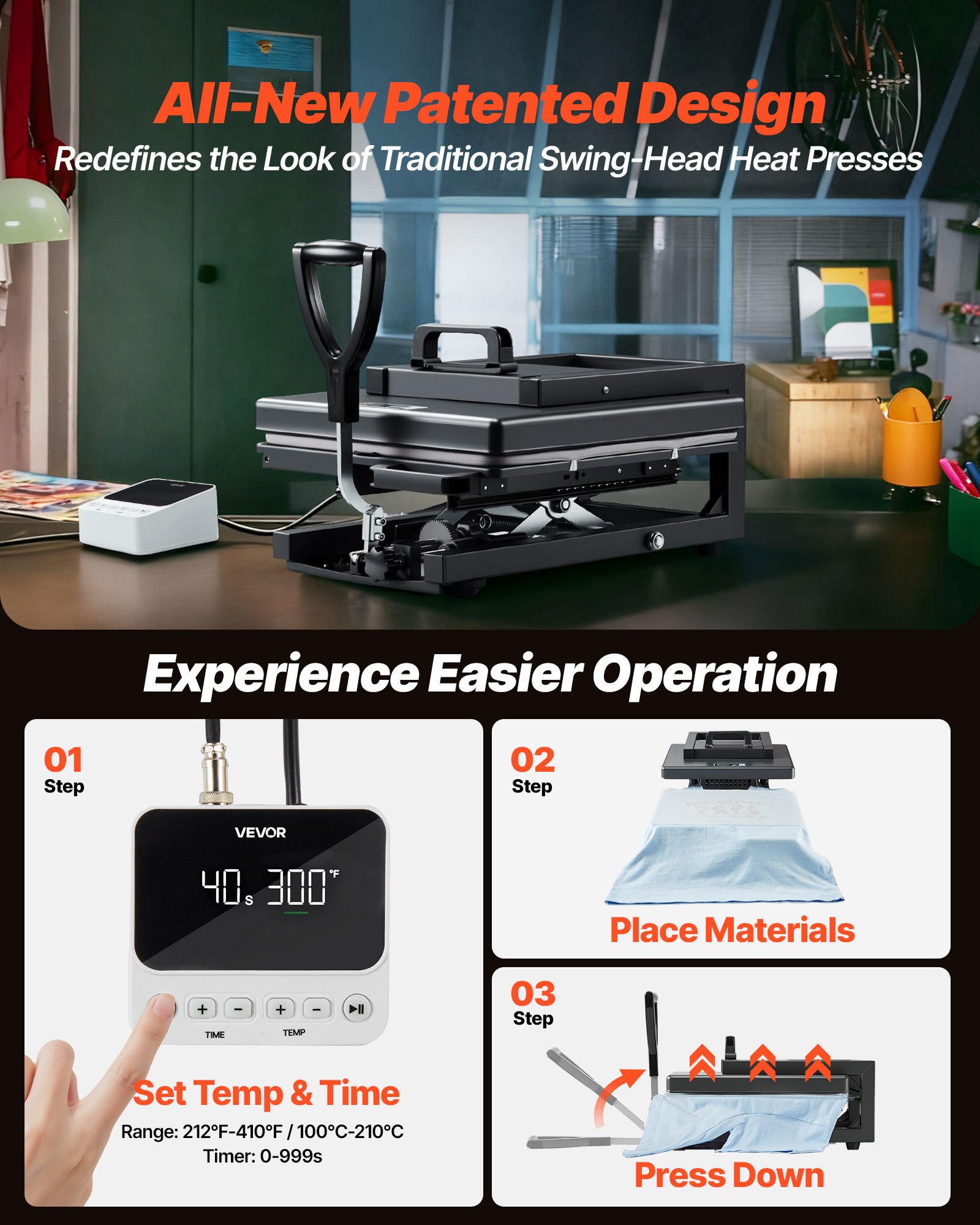 VEVOR Hybrid Heat Press, 380 x 380 mm, 8-in-1 Multifunction, Heat Up Fast and Even, All-New Patented Design, Easy to Control, Sublimation Press Machine for T-shirts/Mugs/Tumblers/Caps/Plates, Black