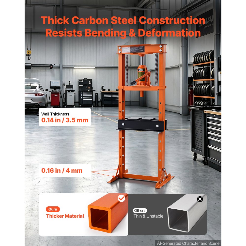 VEVOR hydraulische werkplaatspers 12 t H-frame van koolstofstaal, 8 hoogte-instellingen 23–655 mm, hydraulische pers met overdrukventiel en ergonomische rubberen handgreep, voor buigen, richten en persen