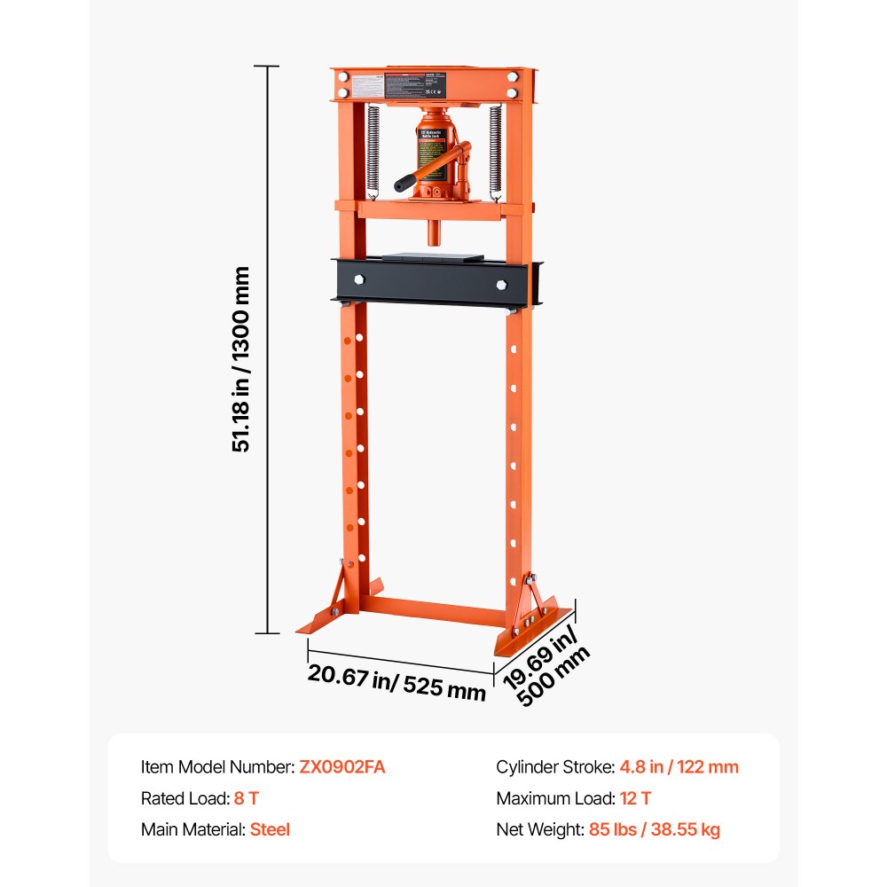 VEVOR hydraulische werkplaatspers 12 t H-frame van koolstofstaal, 8 hoogte-instellingen 23–655 mm, hydraulische pers met overdrukventiel en ergonomische rubberen handgreep, voor buigen, richten en persen