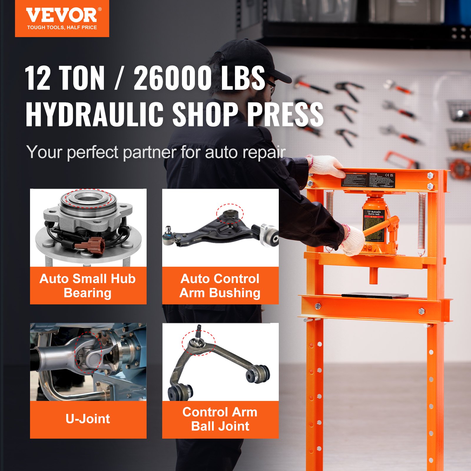 VEVOR Werkplaatspers Hydraulische pers 12 t, Autoframepers Oranje 40-705 mm, Handmatige lagerpers Koolstofstalen werkplaatspers voor autobussen, kogelgewrichten, kruiskoppelingen etc.