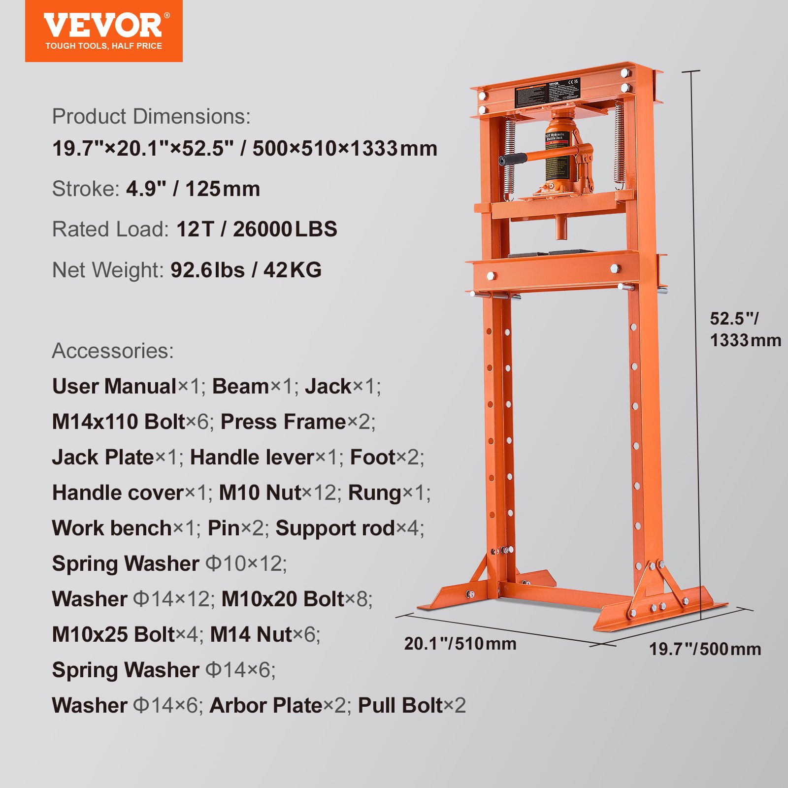 VEVOR Werkplaatspers Hydraulische pers 12 t, Autoframepers Oranje 40-705 mm, Handmatige lagerpers Koolstofstalen werkplaatspers voor autobussen, kogelgewrichten, kruiskoppelingen etc.
