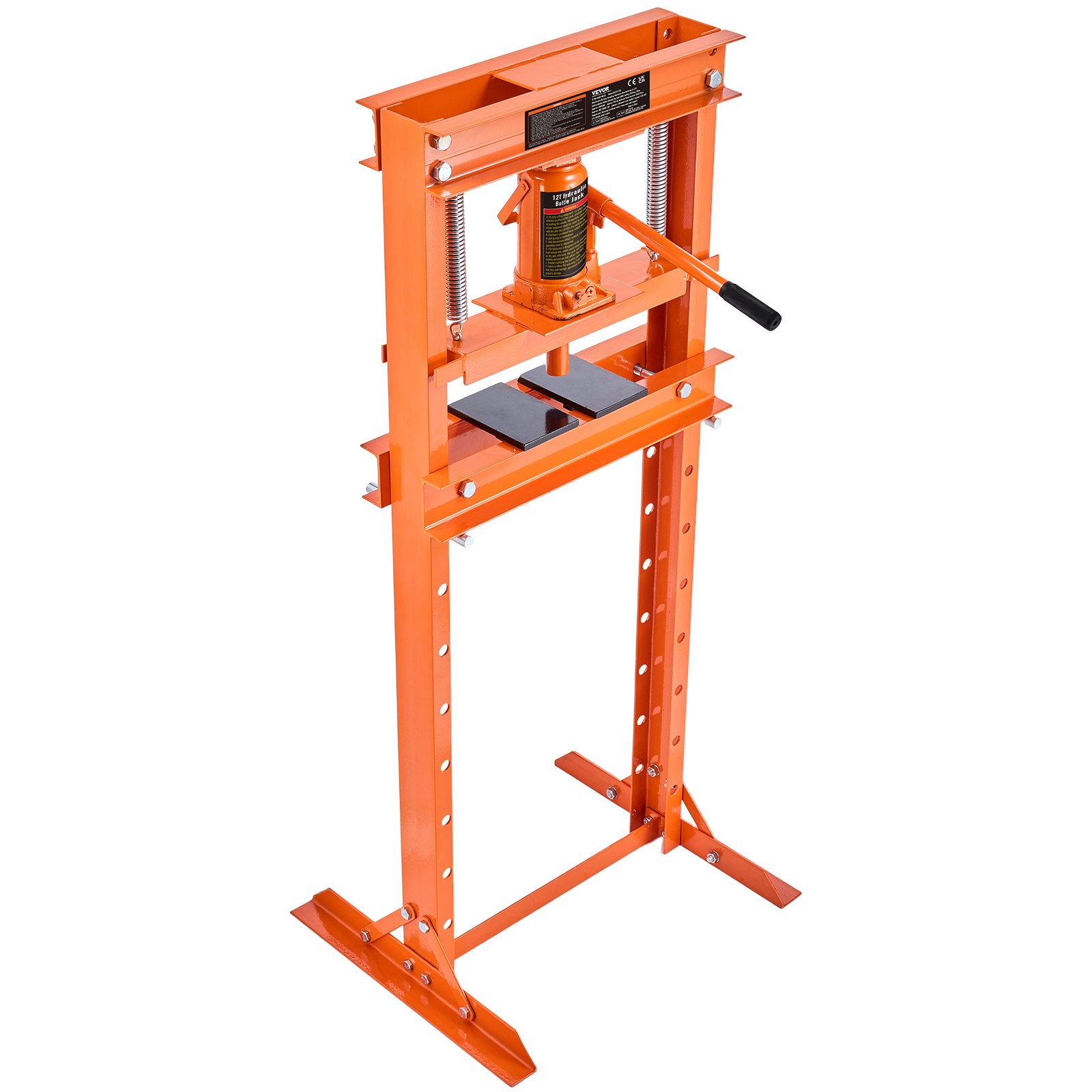 VEVOR Werkplaatspers Hydraulische pers 12 t, Autoframepers Oranje 40-705 mm, Handmatige lagerpers Koolstofstalen werkplaatspers voor autobussen, kogelgewrichten, kruiskoppelingen etc.