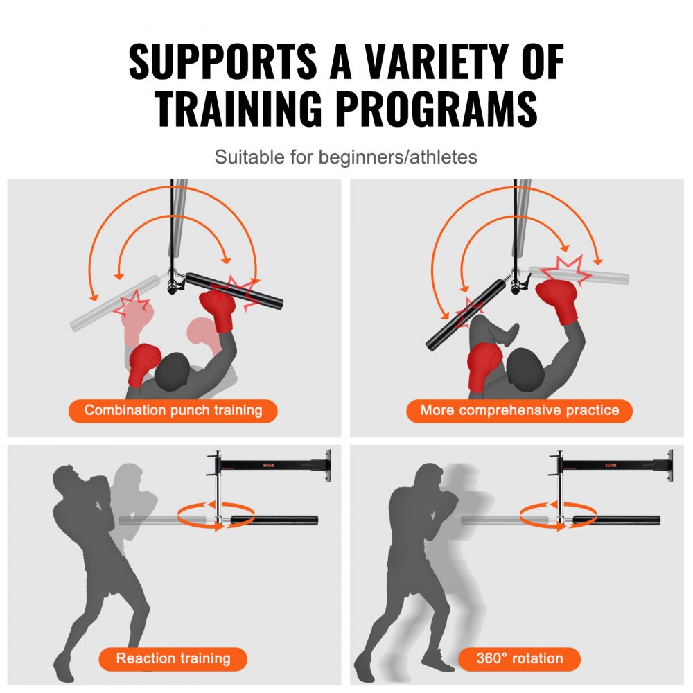VEVOR Wandmontage Boksreflexstang, Bokssnelheidstrainer, Boksspinstang met handschoenen, Verstelbare trainingsuitrusting voor bokstraining, kickboksen, MMA, stressverlichting en fitness, zwart