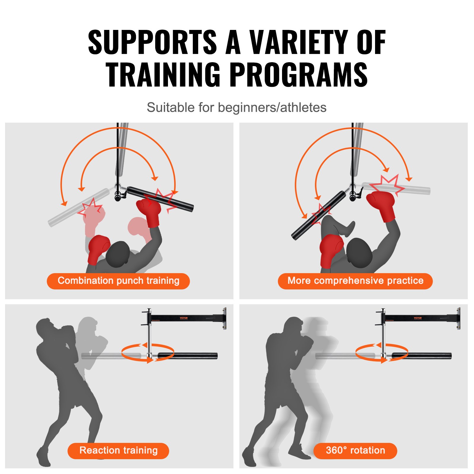 VEVOR Wandmontage Boksreflexstang, Bokssnelheidstrainer, Boksspinstang met handschoenen, Verstelbare trainingsuitrusting voor bokstraining, kickboksen, MMA, stressverlichting en fitness, zwart