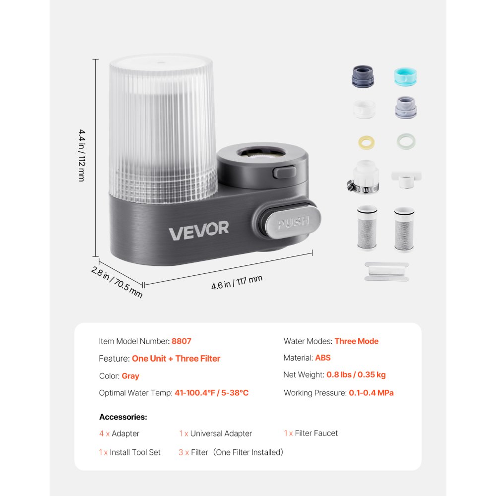 VEVOR kraanwaterfilter, verticale gootsteenwaterzuiveraar, koolstofvezelfilter met 3 filters verwijdert chloor en lood, voor de meeste keuken- of badkamerkranen, grijs