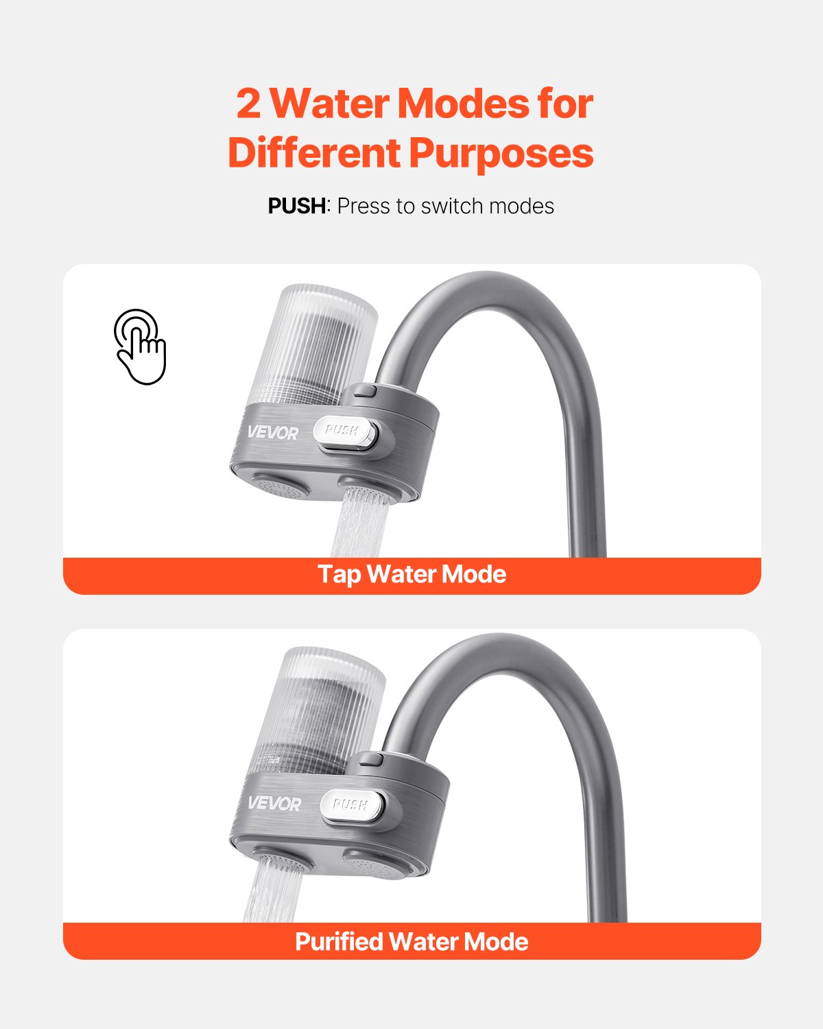 VEVOR kraanwaterfilter, verticale gootsteenwaterzuiveraar, koolstofvezelfilter met 3 filters verwijdert chloor en lood, voor de meeste keuken- of badkamerkranen, grijs