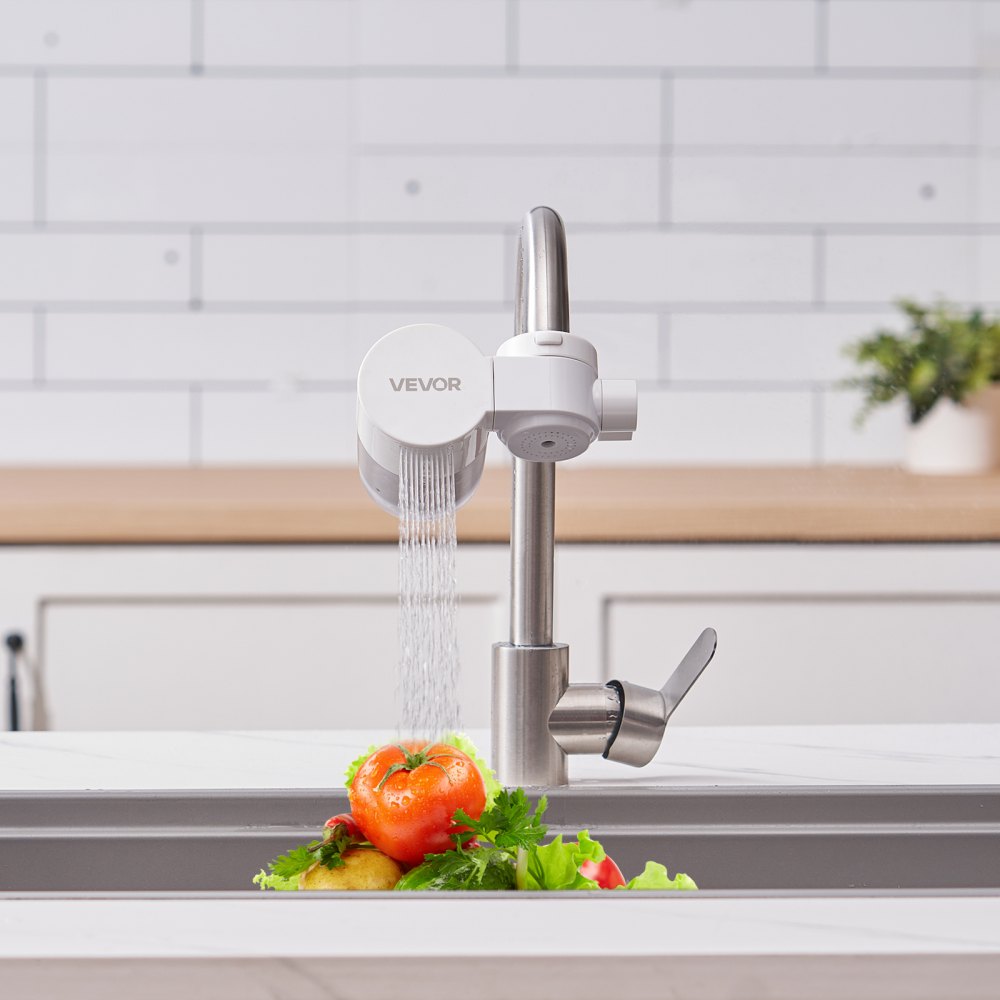 VEVOR kraanwaterfilter, horizontale gootsteenwaterzuiveraar, koolstofvezelfilter met 3 filters verwijdert chloor en lood, voor de meeste keuken- of badkamerkranen, wit