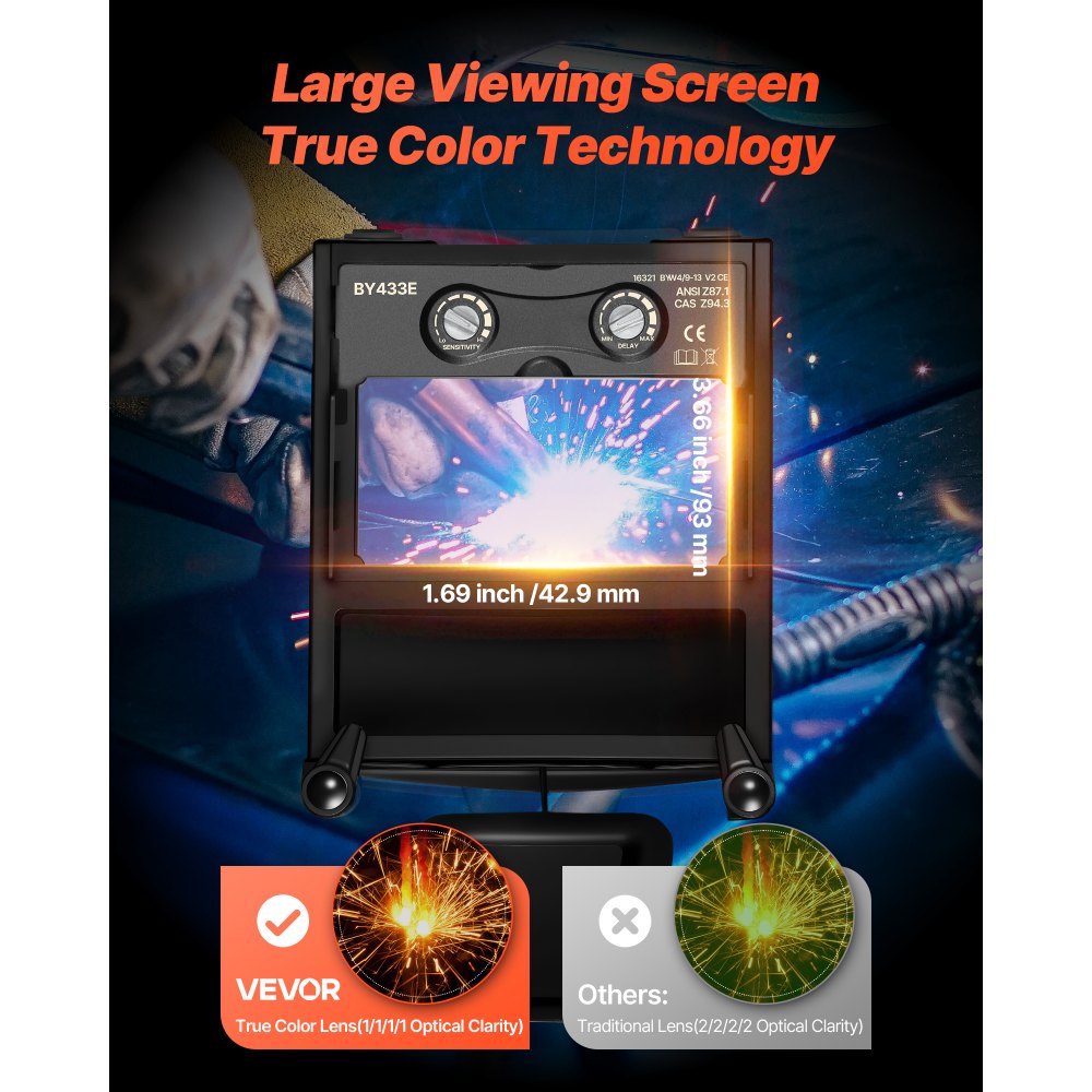 VEVOR Automatische lashelm, 93 x 43 mm True Color, lasmasker op zonne-energie, 2 boogsensoren, DIN 4/9-13 voor TIG-, MIG- en booglassen - CRIUS-serie (vlampatroon)